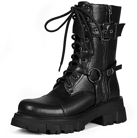 Voviggiw Women Platform Motorcycle Boots Lace Up Buckle Leather Combat Booties Side Zipper Black Size 40