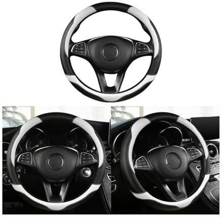 Adunsiaoto Car Steering Wheel Cover Breathable, Soft Carbon Fiber Anti-Slip, Universal Fit, 38cm, Black/White