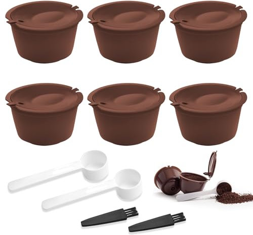 6 PCS Reusable Coffee Capsule for Dolce Gusto Coffee Machine, Machines Coffee Pod Refillable Coffee Filter Cups for Dolce Gusto Mini Me/Piccolo BPA Free with 2 Plastic Spoon and 2 Brush(Brown)