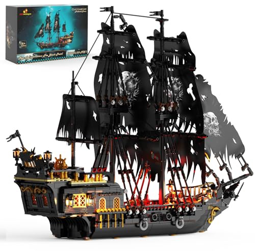 JMBricklayer Pirate Ship Building Toys with Lights, Pearl Pirate Ship Model Boat Kit 40002, Black Ship Toy Building Sets for Adult Teens 14+, Home Office Decor Valentines Gifts(1713 PCS) New Upgrade