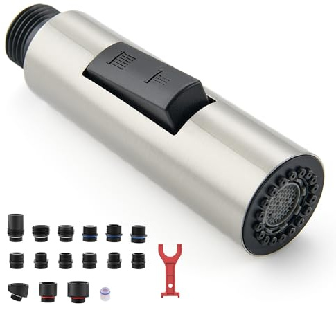 HEISOK Metal Kitchen Faucet Head Replacement, 2-Mode Pull Down Kitchen Faucet Spray Head with 15 Adapters, High Pressure Sink Sprayer Nozzle Stainless Steel, Brushed Nickel