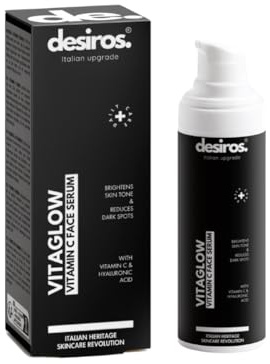 Vita Glow by Desiros – Siero Viso Uomo con Vitamina E, Vitamina C e Acido Ialuronico – Effetto Anti invecchiamento, Illuminante, Idratante - Pelle più Tonica e Uniforme – 30 ml