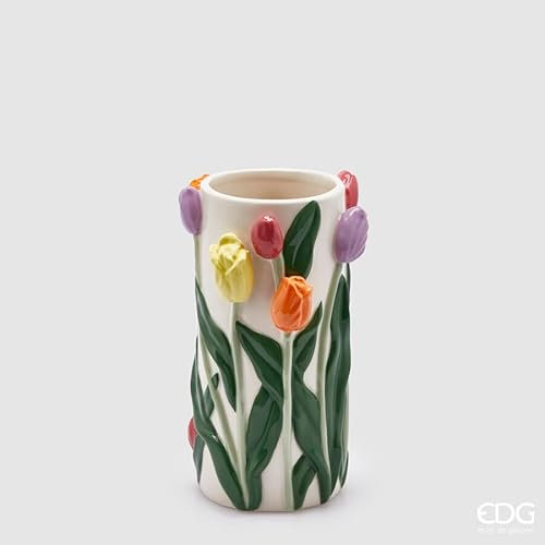 EDG - Enzo de Gasperi Vaso Cilindro da Interno con Tulipani, Porta Fiori da Tavolo Tulip in Ceramica D14xH23 cm