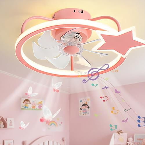 LASANYA Ventilador de Techo Moderno Estrella Infantil con Luz y Mando a Distancia, Lampara Ventilador Techo Inteligente Bluetooth para Habitación Infantil, Celing Fan with Light Regulable-Rosa