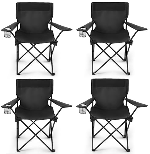 4 Pack Folding Camping Chairs for Adults,Foldable Portable Lawn Chairs with Carry Bag & Cup Holder, Compact Design for Camp,Beach, Picnics,and Fishing Supports 300LBS（Black）
