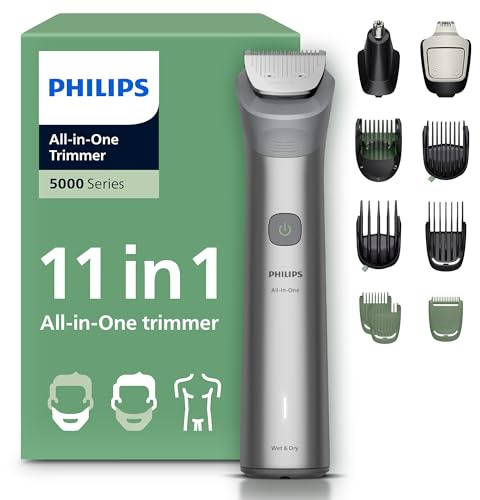 Philips Rifinitore All-in-one Multigroom Serie 5000 11 in 1 - Rifinitore per barba, capelli e corpo, lame autoaffilanti interamente in metallo, 17 impostazioni di lunghezza (0,5-16 mm), MG5951/15