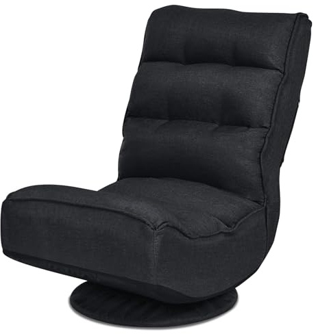 RELAX4LIFE Sedia da Terra Reclinabile in 5 Posizioni, Poltrona da Pavimento con Base Girevole a 360°, Schienale Pieghevole, Imbottita Morbida (NERO)
