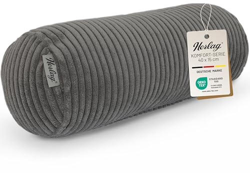 Herlag Kissenrolle Ella Grau 40x15cm - Kleine Nackenrolle aus Kord - Handliches Nackenstützkissen für Reisen - Weiche Komfortrolle für Erwachsene & Kinder - Waschbare Dekokissenrolle - Öko Tex 100