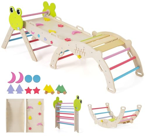 COSTWAY 7 en 1 Triangle d'escalade Enfant Pliable sur Thème Grenouille avec Rampe & Échelle, Arche d'escalade Montessori en Bois Hêtre avec 10 Blocs & Labyrinthe, Aire de Jeux Intérieur pour 1 an+