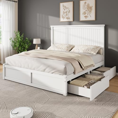 AMERLIFE Solid Wood Queen Size Storage Bed Frame with Headboard, Platform Bedframe with 2 Storage Drawers, Beadboard Design & Wooden Slats/No Box Spring Needed/Noise-Free, Coastal White Finish