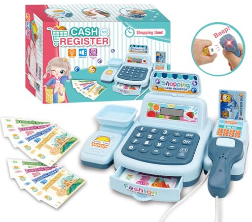 EMUKOEP Set da Gioco per Registratore di Cassa per Bambini, Set di Giocattoli per Bambini con Scanner, Giocattolo Divertente e Interattivo per la Cassa del Supermercato, per Giochi di