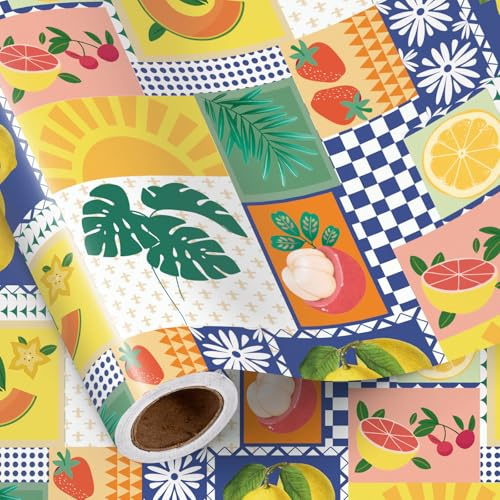 RUSPEPA Mini-Geschenkpapierrolle Mit Kräftigem Zitrus-Melonen-Blumenmuster Und Geometrischem Design. Ideal Für Sommerfeste, Geburtstage Und Feiern Mit Tropischem Motto – 43,2 Cm X 5 M