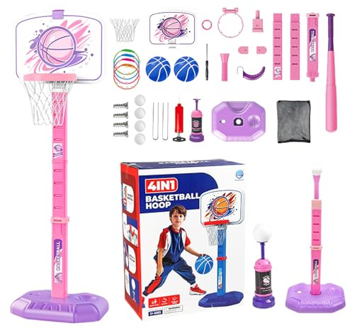 Set de aro de Baloncesto, aro de Baloncesto para niños pequeños | 4 en 1 para niños de béisbol de béisbol Altura Ajustable,Juego de Pelota portátil Sport al Aire Libre para la habitación Interior,