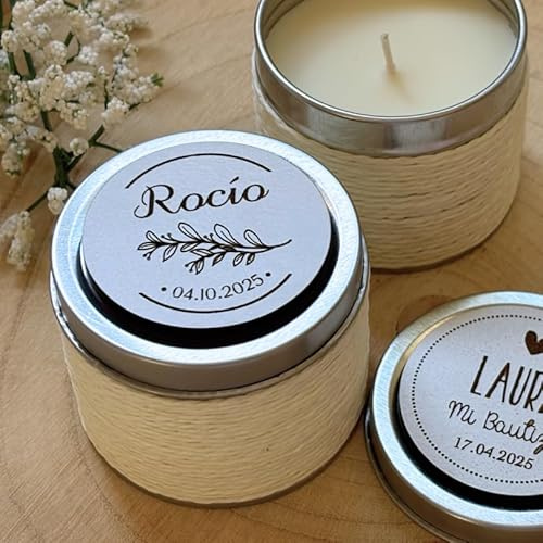 Pack de 10 velas aromáticas con imán de madera en la tapa, personalizadas con tu propio diseño o imagen para regalar en tu evento como boda, bautizo, comunión.