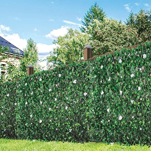 WDC ONLINE - eXtreme Artificial Leaf Trellis with White Flowers | 2m x 1m Expandable Privacy Screening Hedge for Gardens, Balcony, and Terraces | Realistic and UV-Stabilized Decorative Fencing Panel
