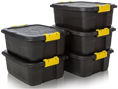 5 x 24L Heavy Duty Black Storage Crates & Lids Black Yellow Handles