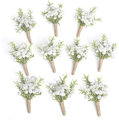 YSUCAU Baby Breath Boutonnieres for Men Wedding,Set of 10, Natural White Groom and Groomsmen Boutonniere with Pin for Rustic Fall Vintage Wedding, Prom and Homecoming