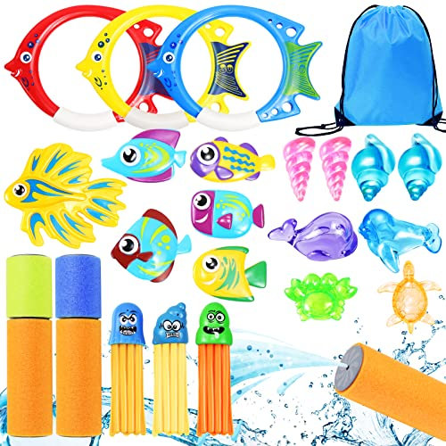Yotako Swimming Pool Toys for Toddlers, 23Pcs Diving Toys Set Sinkers for Kids Swimming with Storage Bag, Dive Rings, Foam Water Pistol, Diving Octopus and Diving Treasures Fish