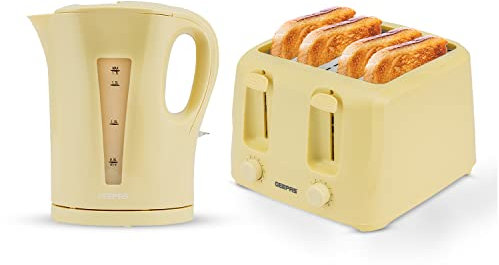 GEEPAS 1.7L Electric Kettle & 4 Slice Bread Toaster Kitchen Combo Set | 2200W Cordless Jug Kettle Auto Shut-Off | 1400W Toastie Machine 6 Browning Level Removable Crumb Tray | 2 Year Warranty, Beige