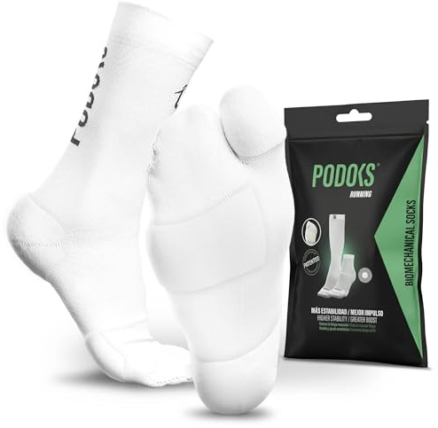 PODOKS - Calcetines Runinng Hombre y Mujer, Calcetines Biomecánicos para Runners con Almohadillas Protectoras, Mejora el Apoyo y Rendimiento en Carrera, Diseñado por Podólogos, Blanco, Talla S(36-38)