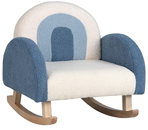 COSTWAY Barnsoffa, barn, gungstol, barnstol, teddy, sammetsmaterial och ben av massivt trä, anti-tippdesign, minifåtölj för barnrum, barnstol för småbarn 3–5 år (blå)