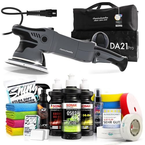 Poliermaschinen Set: chemicalworkz DA21 Pro Exzenter Poliermaschine + Sonax Politur Set + Royal Pads Polierpads + ADBL Versiegelung für Lack + Zubehör | 20-teilig