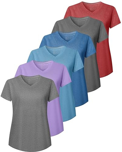 6 Pack Workout Tops for Women Short Sleeve V-Neck Athletic T Shirts 6A XL