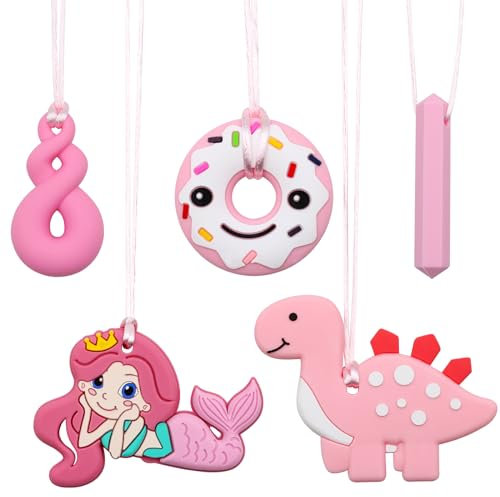 ZOCONE 5 Stück Kaukette für Kinder Silikon Beißkette Kinder Mädchen Süße Dino Meerjungfrau Donut Kauen Halskette Autismus Sensory Chew Halskette Silikon Anhänger zum Kauen Rosa Kauanhänger für Mädchen