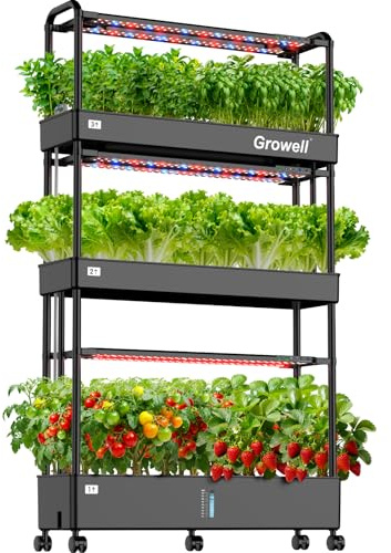 Growell 90-Pod Hydroponics Growing System, Large Vertical Hydroponic Garden with Smart Full-Spectrum Grow Lights, Auto Circulating Water, Mobile Indoor Gardening System for Herbs, Vegetables & Fruits