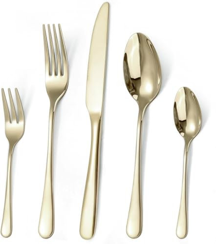 Targzier Besteck Set für 6 Personen,30 teilig Champagner Gold Essbesteck Set,Glänzendes Messer,Gabel,Löffel Set,Hochglanzpoliert Bestecksets,Edelstahl Tafelbesteck,Spülmaschinenfest