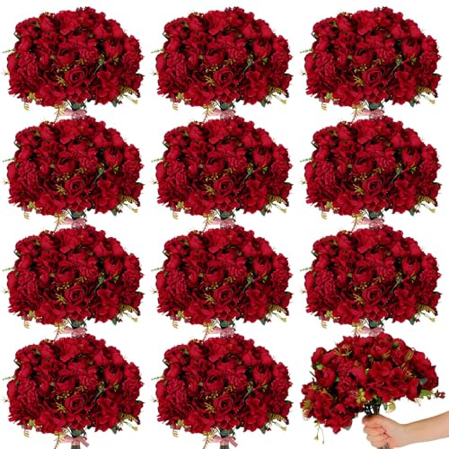 XunYee 12 Bundles Burgundy Artificial Flowers Bulk Wedding Decorations Favors Red Roses Fake Silk Flowers Bouquets Realistic Florals Arrangements Decor for Outdoor Wedding Table Centerpieces