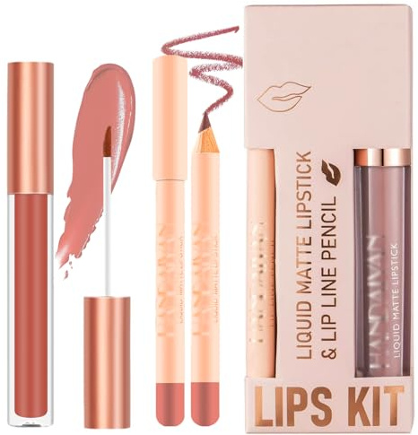 Nude Lip Liner and Lipstick Set, Long Lasting Pink Brown Lip Gloss Lip Pencil, Matte Natural Waterproof Non-sticky Velvety Lip Stain Lip Pencil Lip Combo Lip Liners Set Makeup Gift for Women,#07