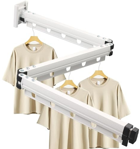Gemsaya Clothes Drying Rack Wall Mounted 126cm, Triple Foldable Laundry Drying Airer Rack with Extension Pole, White Retractable Clothes Hanger Rack with Hooks for Home Balcony Bedroom