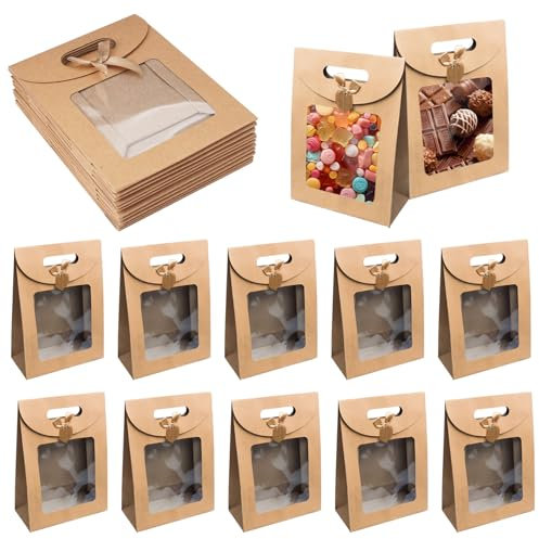 12 Piezas Bolsa de Regalo con Ventana, Bolsa de Regalo con Asa Marrón, Bolsas Embalaje Papel Kraft, Bolsas de Papel Kraft, Bolsas Papel Marrónes, para Empacar Regalos de Banquete, Dulces, Galletas