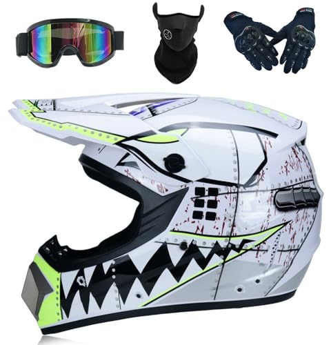 Motocross Helmet, Adult Youth Trend Full Face Helmet, ATV Motorcycle Helmet, Dirt Bike Downhill Off-Road Mountain Bike Helmet, DOT Certified(D White,L(56-57cm))