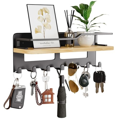 Yorbay Schlüsselbrett mit Ablage aus Holz: Multifunktionales Schlüsselboard für die Wand mit 7 Haken – Platzsparender Schlüsselhalter für Eingang, Flur, Schlafzimmer, Wohnzimmer