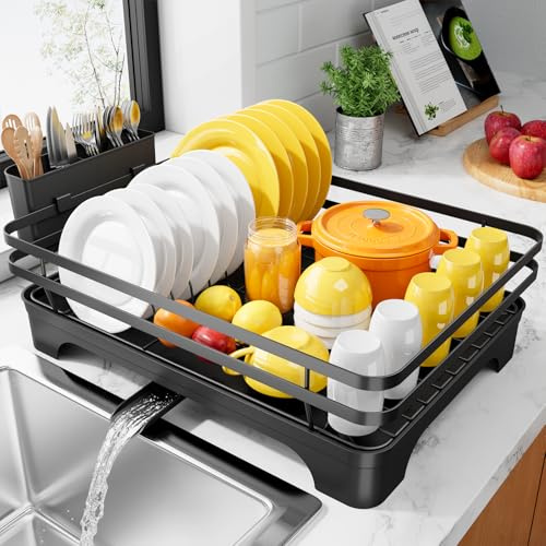Kitsure Dish Drying Rack - Multi-Functional Dish Rack for Kitchen Counter with Cutlery Holder, Rust-Proof Storage Solution with Rotatable, 15.7 x 12.0 x 5.5, Black