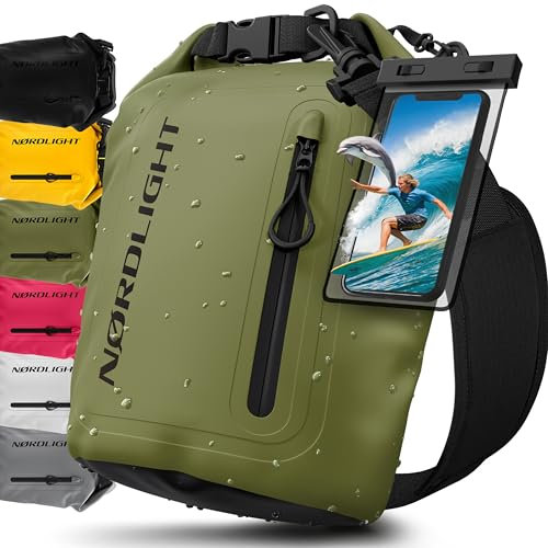 Nordlight Dry Bag wasserdichte Tasche mit Handyhülle + Roll-Top, Schultergurt | Drybag wasserfester Rucksack Beutel Packsack Seesack Wassersack Wetbag | Baden Schwimmen Strand SUP – Olivgrün, 5 Liter