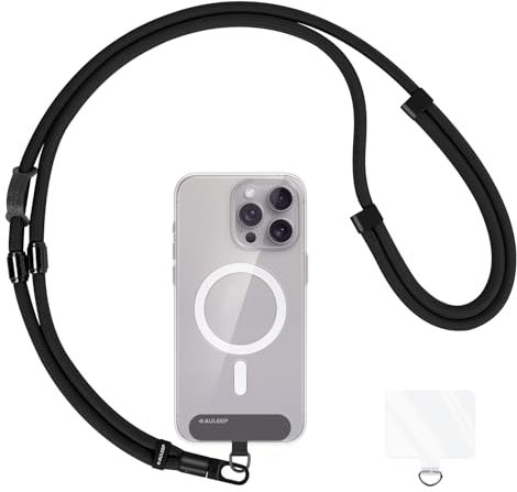 AULEEP 3-in-1 Cell Phone Lanyard with 2 Phone Tabs, Adjustable Anti Theft Phone Wrist Strap/Crossbody Strap/Neck Lanyard, Compatible with Most Smartphones, Hands-Free Work/Travel Essentials, Black