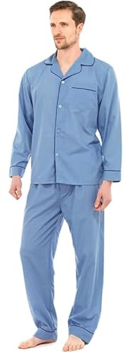 Mens Pyjama Set –Soft Cotton Traditional 2 Piece Pjs Classic Button Down Nightwear Long Sleeve Top & Elastic Waist Bottoms | Sleepwear & Loungewear with Chest Pocket- Blue L