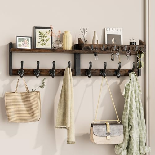 Evermagin 35 Coat Rack Wall Mount with Shelf, 4 in 1 Coat and Key Hanger with 13 Metal Hooks, Entryway Wall Mounted Shelf with Mail Holder for Living Room, Bedroom, Rustic Brown