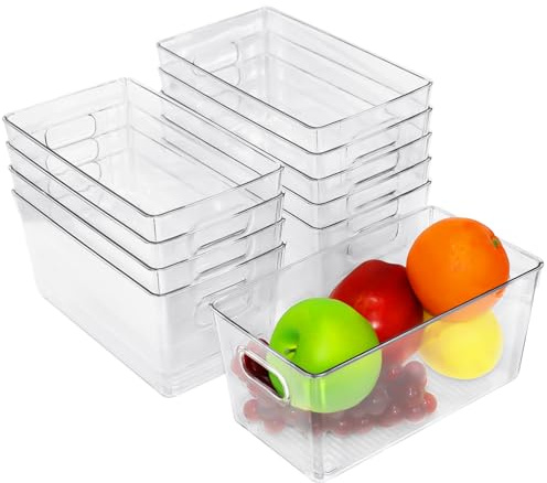 OJMHD 10 Pack Plastic Pantry Storage Boxes, Clear Fridge Organizer Bins Containers Bulk, Freezer Food Storage Basket for Kitchen Countertops Cabinets Bathroom Drawer Refrigerator, 24 x 13 x 12 cm