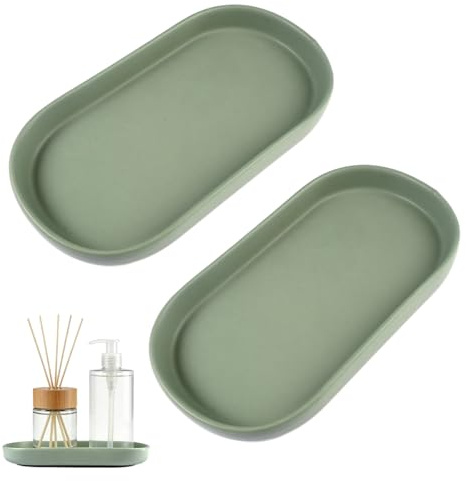2 bandejas decorativas de cerámica, 18,8 x 10 cm, bandeja ovalada para baño, bandeja cosmética pequeña, bandeja decorativa para tocador, para lavabo, dormitorio, cocina, salón, verde