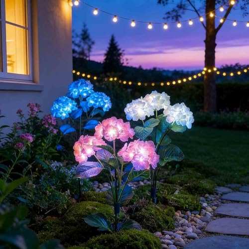 Luces de hortensias de hadas, paquete de 3 luces solares de jardín al aire libre, IP65 impermeable, luz LED colorida de flores, tiempo de iluminación de 15 horas, luces de hortensia de hadas de árbol