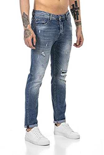 RED BRIDGE Jeans da Uomo Pantaloni Denim Stile Used Destroyed Blu W30L34
