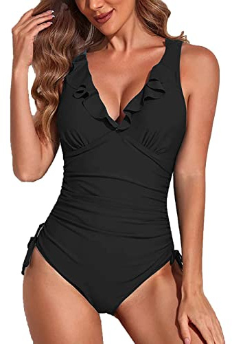 Yutdeng Traje de Baño Mujer de Una Pieza Volantes Cuello en V Fruncido Monokini Push Up Ropa de Baño Reductores Barriga Bañador con Relleno y Cordón Bañadores Natacion Sexy Retro
