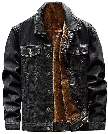 Mymyguoe Veste en jean pour homme Veste en denim doublée Hiver Automne Demi-saison Veste en velours côtelé doublée Veste chaude de transition Veste cargo d'hiver avec col en fourrure de teddy, Noir