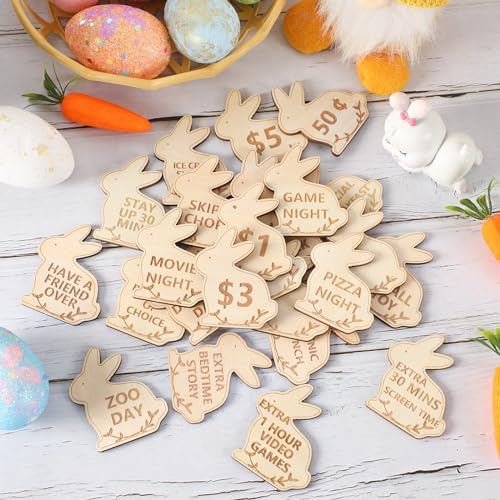 CypherX Wooden Bunny Reward Tokens Set, 30 Pcs Easter Egg Fillers