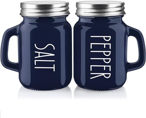 Set di saliera e pepiera, 113,4 g, in vetro moderno, con coperchi in acciaio inossidabile, decorazione da cucina blu e accessori per casa, ristoranti, matrimoni