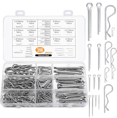356 Pcs Pasadores Partidos, Pasadores de Chaveta y Pasadores de Seguridad R Clips, Pasador de Chaveta de Retención, Pasador Dividido para Automoción Mecánica Garaje Taller Accesorios
